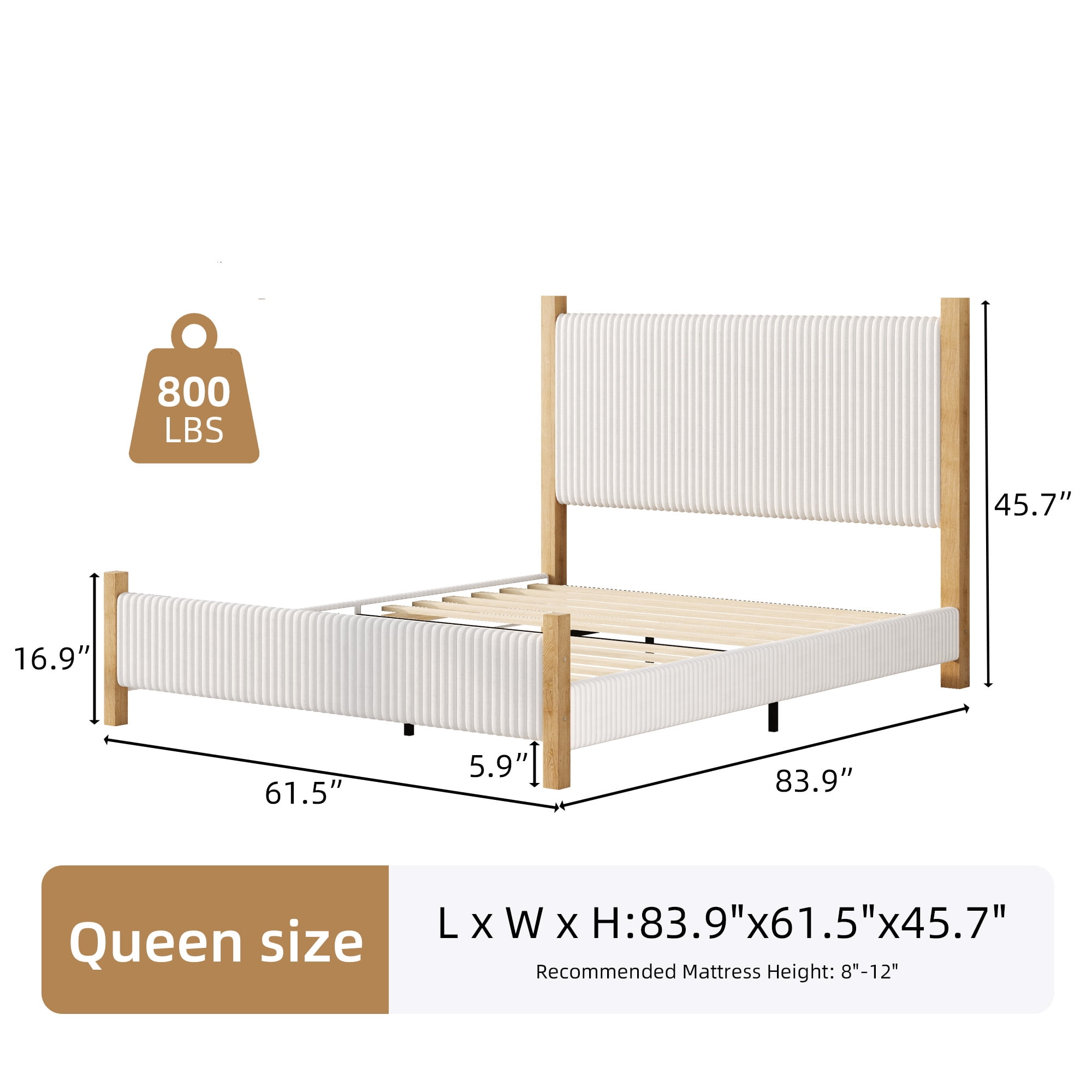 Queen Size Corduroy Upholstered Bed Frame with Vertical Channel Headboard, Noise-Free Platform Bed No Box Spring Needed, Sturdy Structure & Easy Assembly, White