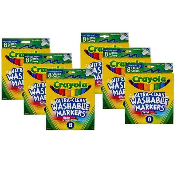 Crayola Ultra-Clean Markers, Conical Tip, Classic Colors, 8 Per Box, 6 Boxes