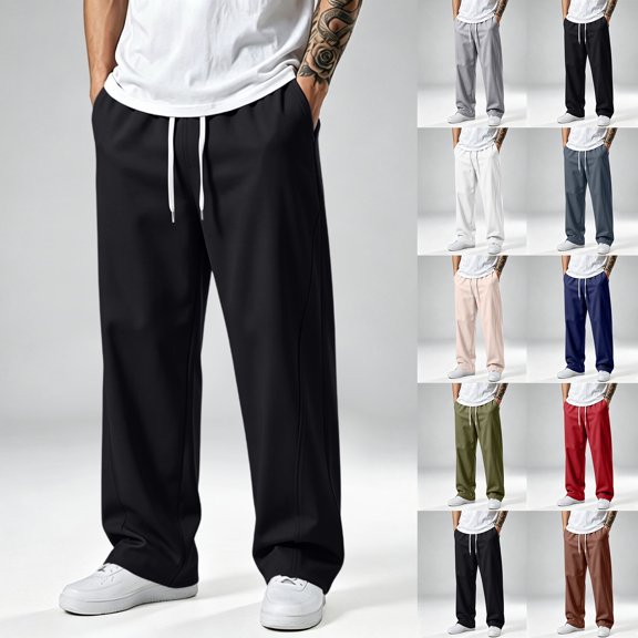 Men Relaxed Fit Solid Wide Leg Sweatpants, Elastic Waist Jogger Trousers, Casual Drawstring Track Pants With Storage Pockets For Daily Commute Brown XL