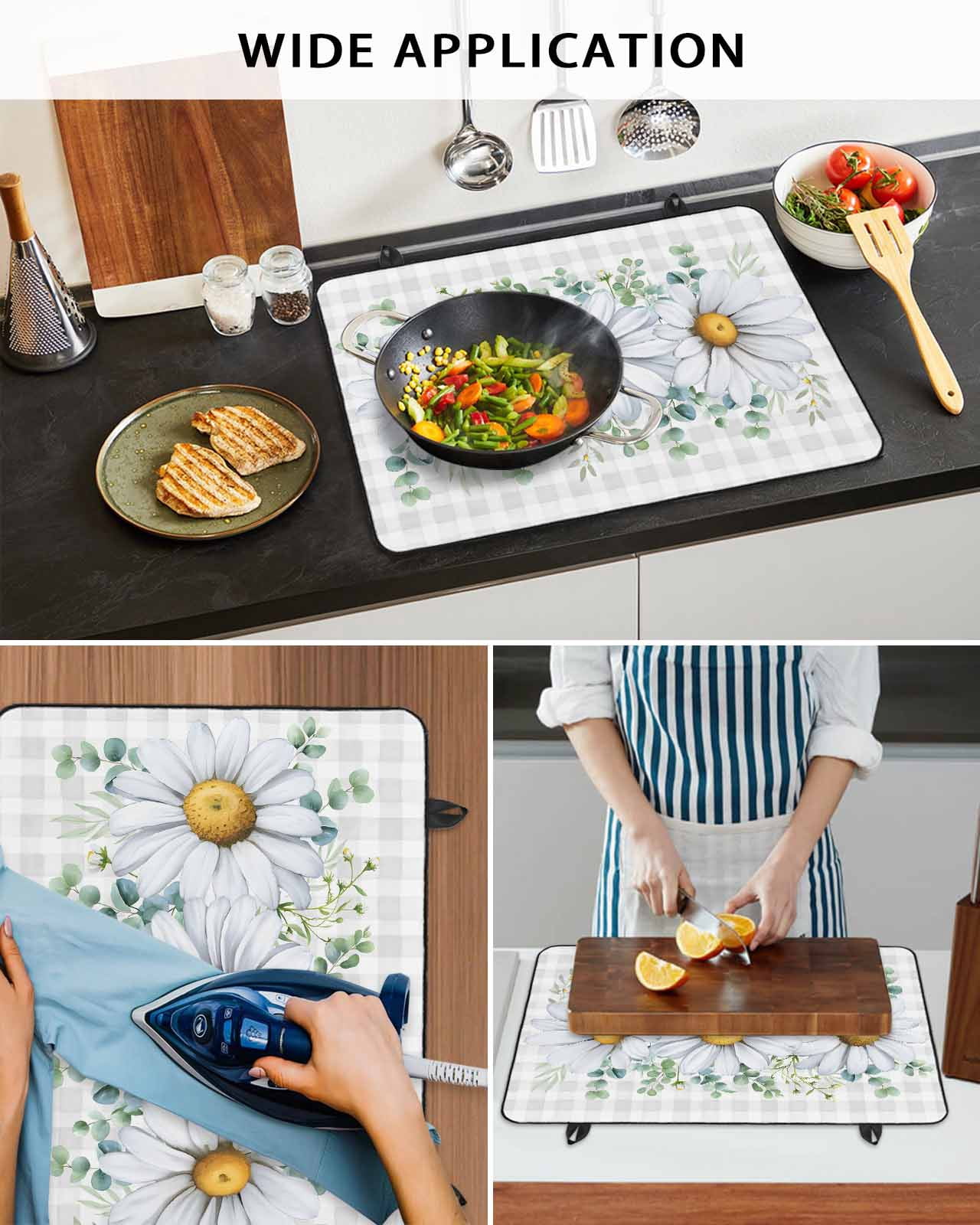 Large Induction Cooktop Protector Mat Daisy Stove Top Covers for Electric Stove, Spring Floral Grey Plaid Eucalyptus Leaves Decorative Stove Burner Cover Mats, Glass Top Stove Cover