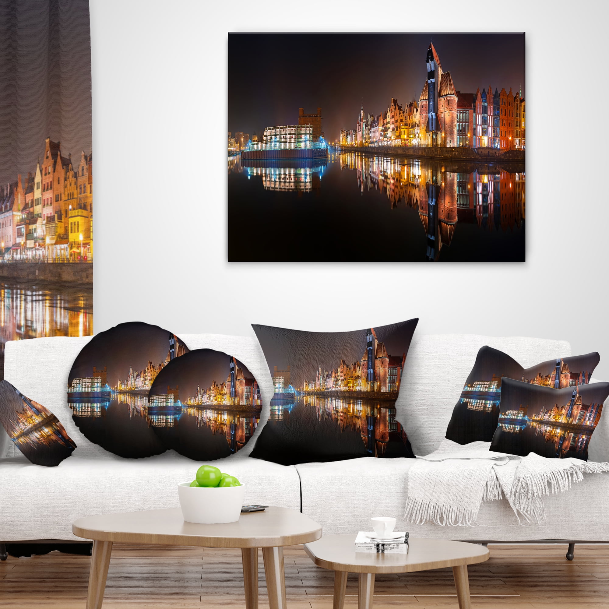 Designart Panorama of Gdansk Old Town - Landscape Photography Throw Pillow - 12x20