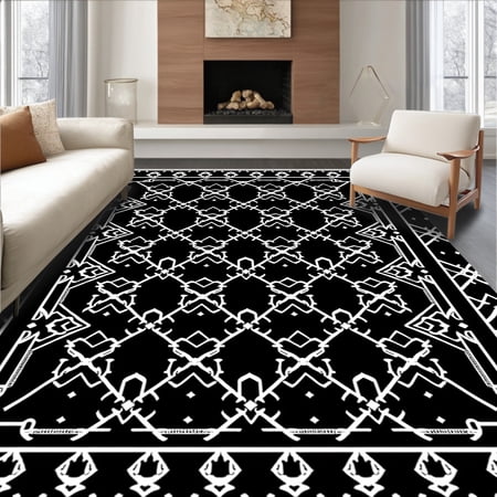 ODIKA 4'x6' Machine Washable Non-Slip Area Rug, Metropolitan Lattice Transitional Elegant Motif High Traffic Rug, Black, 658199