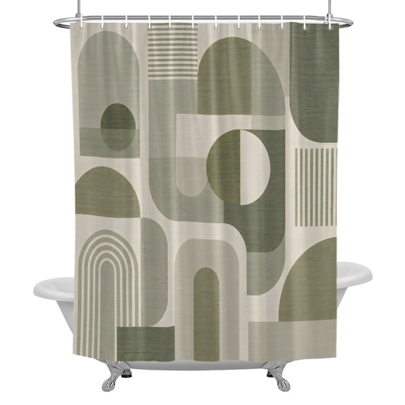 Bathroom Shower Curtain Retro Green Color Block Boho Arch Line Waterproof Shower Curtains with Hooks, Abstract Geometric Bath Curtains Bathtub Curtain Home Decor 36x72in