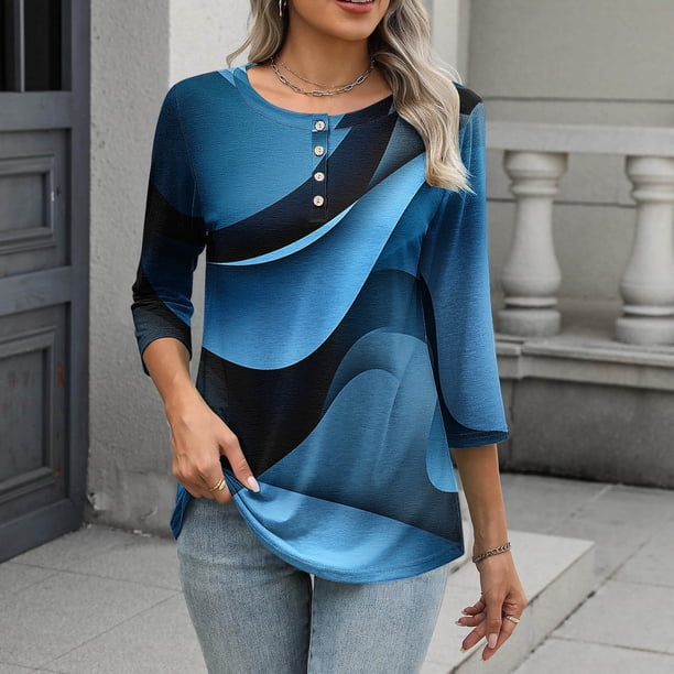 TaTaai Casual Printed Top Soft Breathable Women's Fashion Button Round Neck 3/4 Sleeve Loose Fit All Season Daily Party Fashion T-Shirt Gift