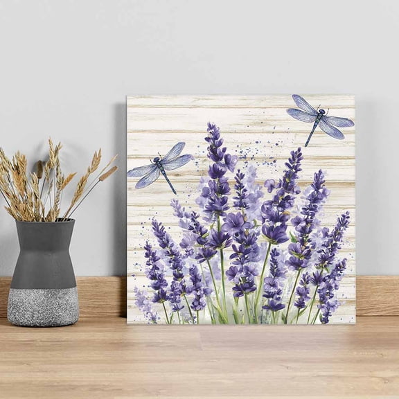 Purple Lavender Wall Art Painting on Canvas, Summer Watercolor Dragonfly Wooden Grain Canvas Art Home Prints Wall Art Framed Modern Artwork for Living Room Bedroom Wall Decor 16x16in