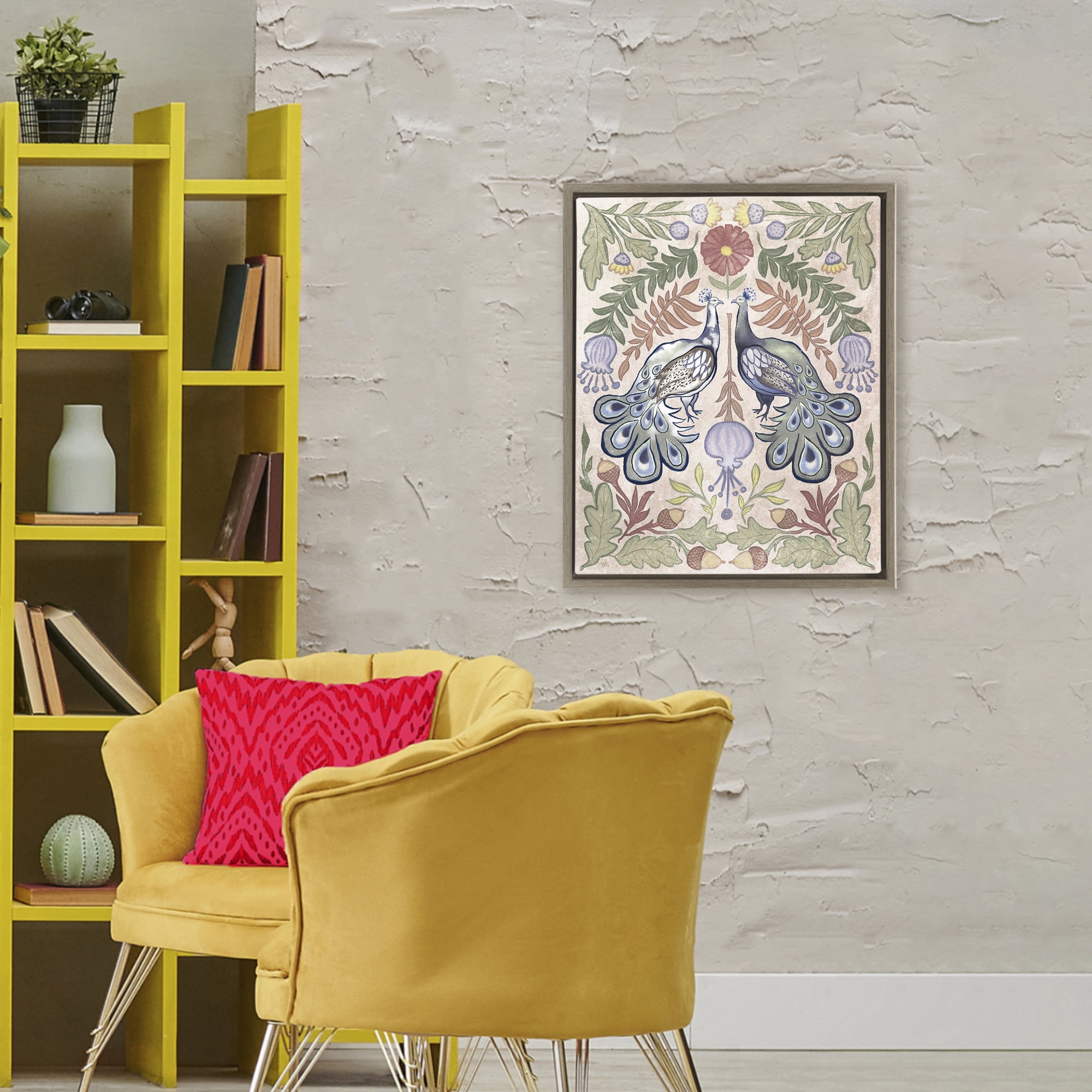 Stupell Industries Symmetrical Peacock & Flower Pattern Brown Framed Floater Canvas Wall Art, design by Elizabeth Medley