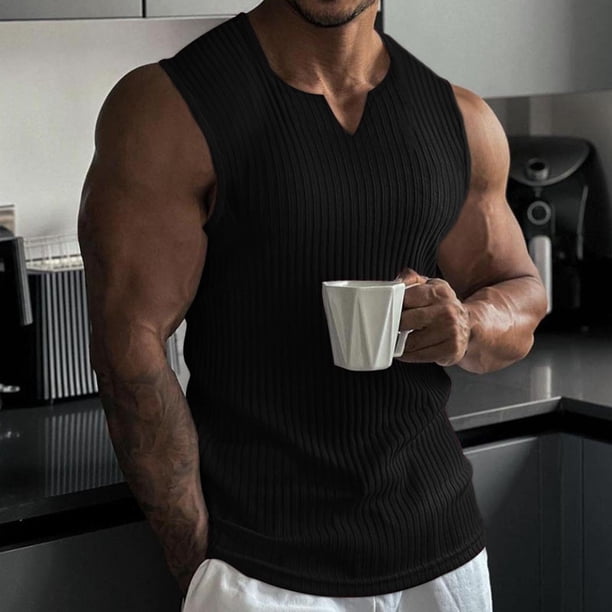 Ceisia Men's Slim-Fit V-Neck Ribbed Knit Sleeveless Tank Top Black M Gifts