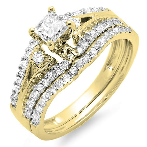 Dazzlingrock Collection 1.00 Carat (ctw) 10K Princess & Round Diamond Bridal Wedding Band Set 1 CT, Yellow Gold, Size 6.5