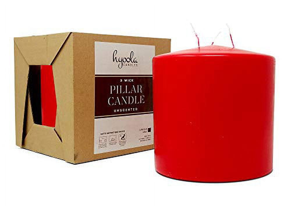 Hyoola 6" x 6" Red Unscented European Made 3-Wick Pillar Candles, Dripless Paraffin Wax with Smokeless Cotton Wicks