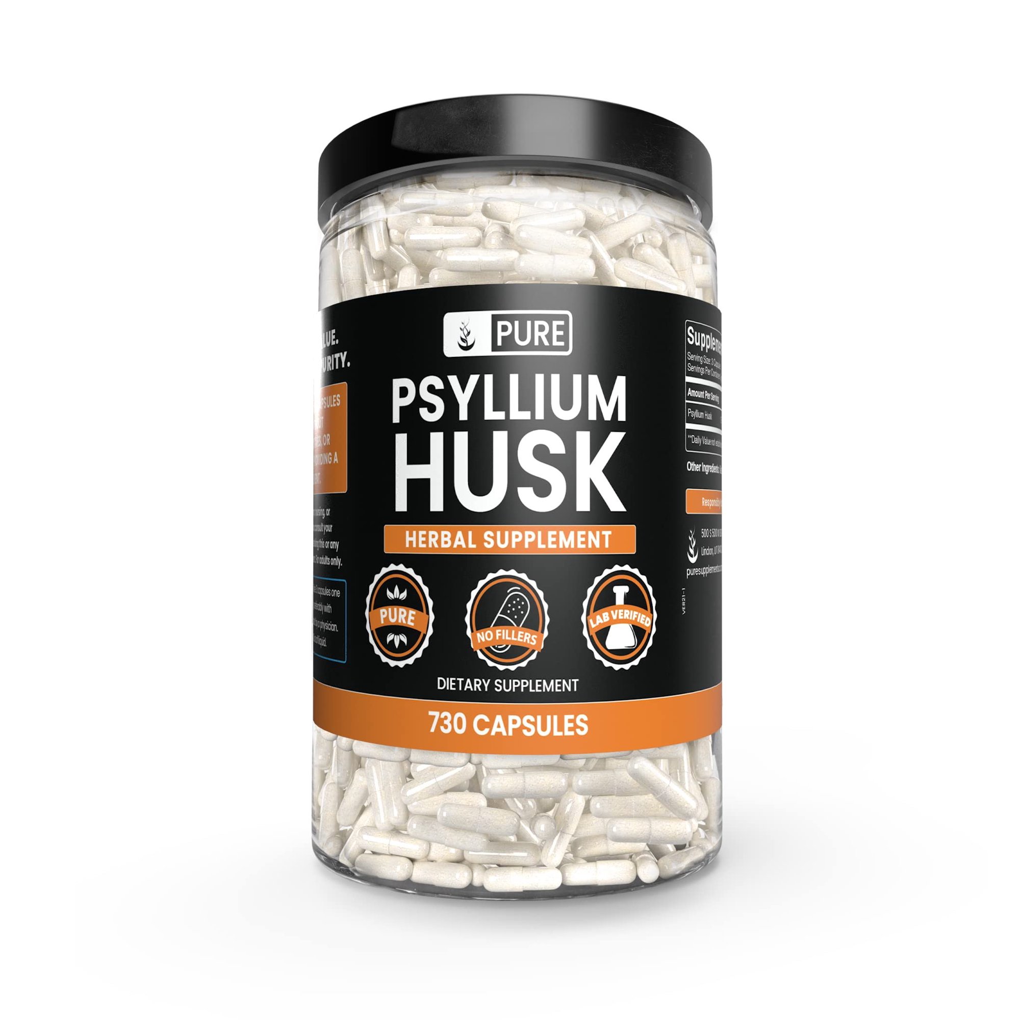 PURE ORIGINAL INGREDIENTS Psyllium Husk 730 Capsules No Magnesium Or Rice Fillers, Always Pure, Lab Verified