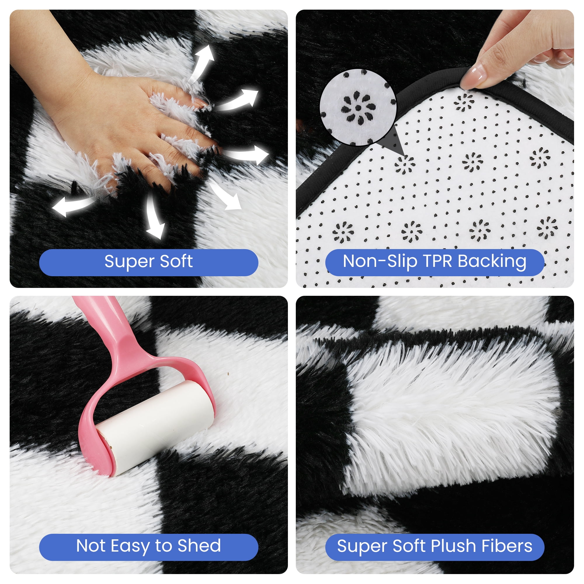 CozyDesg Shag Area Rugs,5'x8' Soft Fluffy Floor Rugs Checkered Carpet，Washable Area Rugs for Living Room Bedroom Decor,Black & White