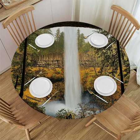 

Christmas Round Table Cover 55-60 Inch - Waterproof Reusable Table Cloth Round Fitted Elastic Tablecloth for Party Outdoors - Christmas Snowman Farmhouse Snow Scenery