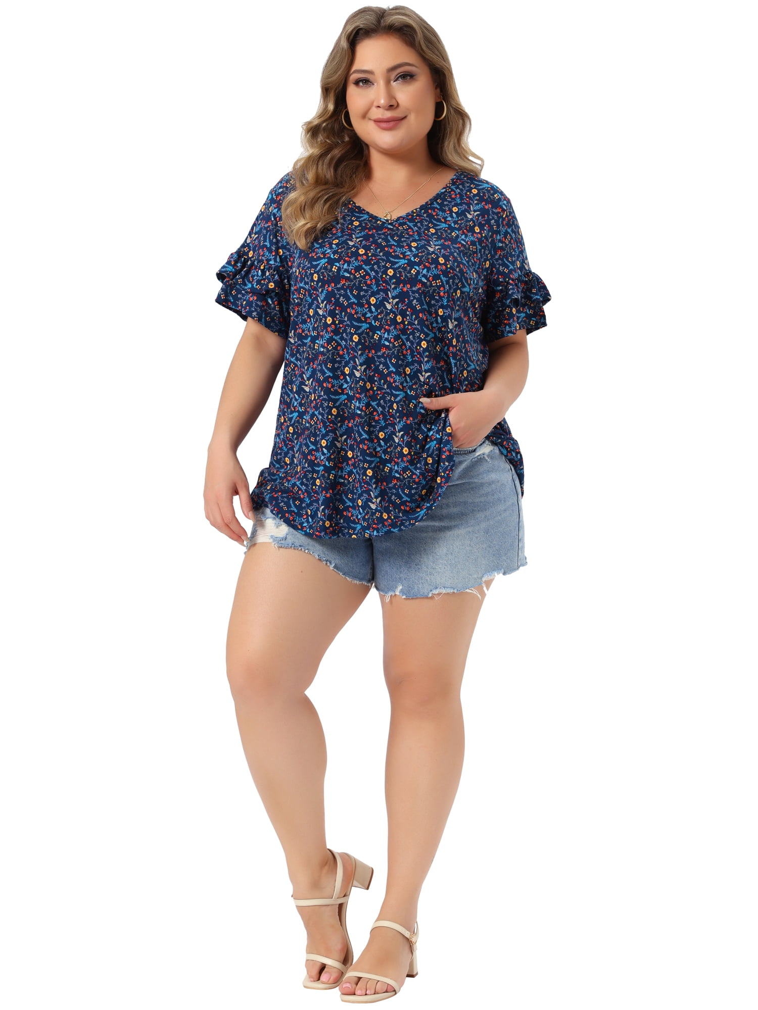 DARING DIVA Women's Plus Soft Tops V Neck Ruffle Sleeve Floral Casual Blouses 2X Dark Blue