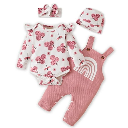 

Yuanyu Baby Girls Long Sleeve Romper Bib Waffle Overalls 4PCS Fall Outfits 0-18Months