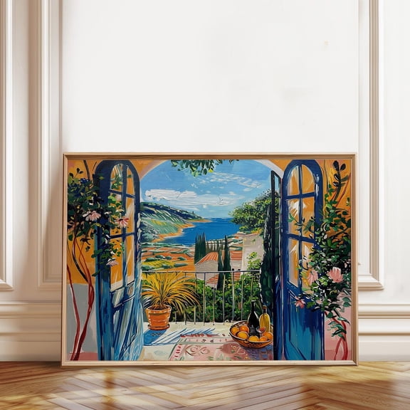 Mediterranean Balcony Coastal Seaside View Decoration, Unframed Paper Poster 8x10in