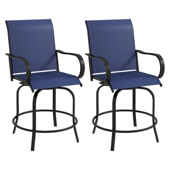 Outdoor Bar Stools Set of 2, 360° Swivel Bar Height Chairs, Navy Blue, 26.75"x29.5"x48.5", Patio Furniture with Arms & Footrest