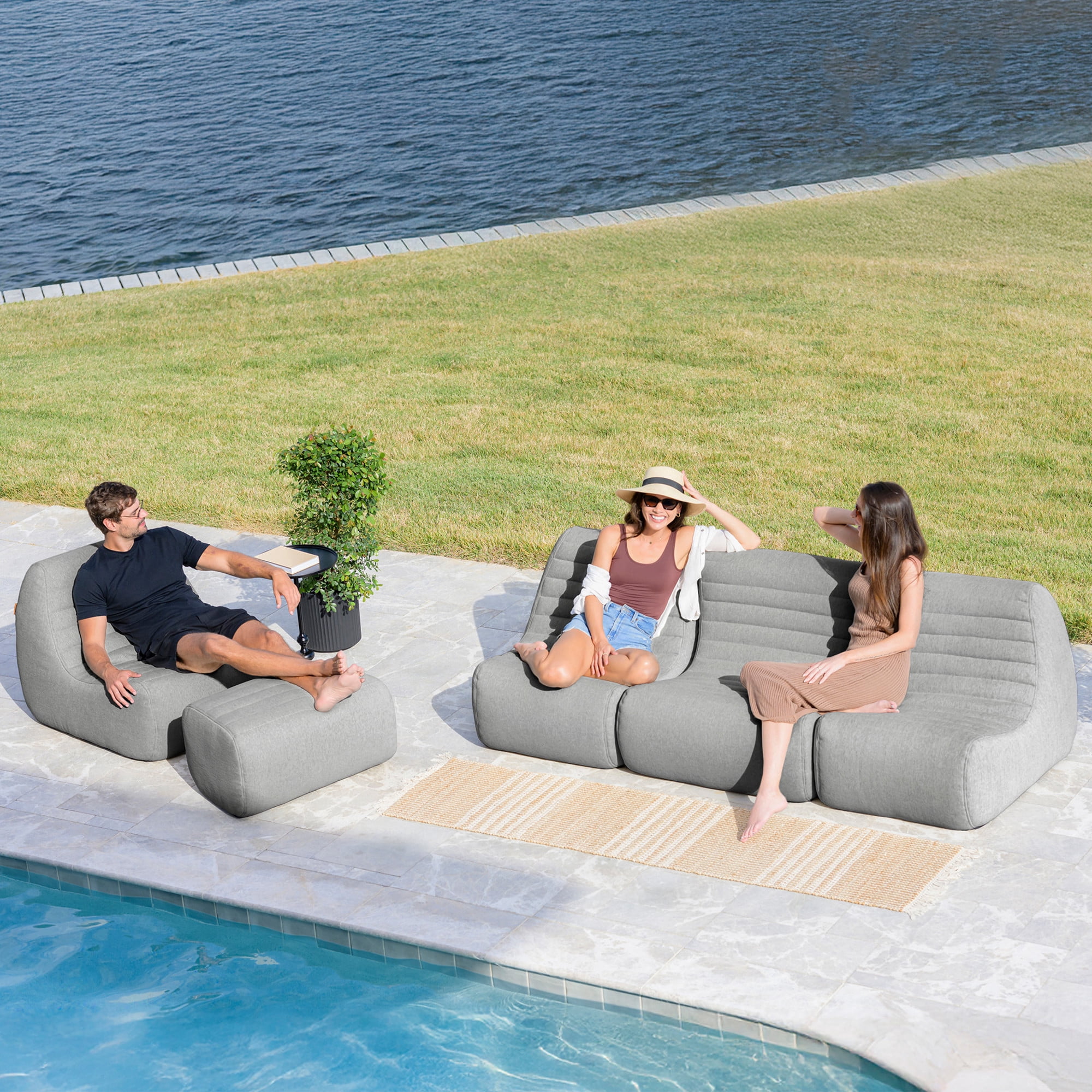 Big Joe Solvana Outdoor Sectional, 5 Piece Patio Furniture Set, Performance Linen Weather-Resistant Fabric Sofa, Port Gray