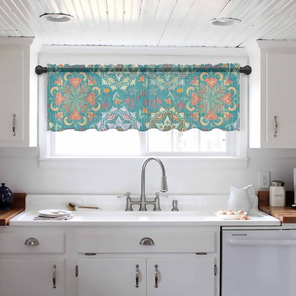 Green Boho Valance Curtains for Kitchen/Living Room/Bathroom/Bedroom Window, Shabby Vintage Ethnic Abstract Floral Art Rod Pocket Small Topper Half Short Window Curtains Voile Sheer Scarf 60"x18"
