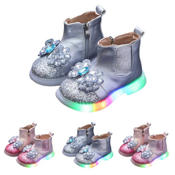 Dakaela 6M-6Y Baby Girls Glitter Ankle Boots Light up Toddler Chelsea Work Booties Side Zipper Soft Sole Kids Outdoor Walking Shoes Red