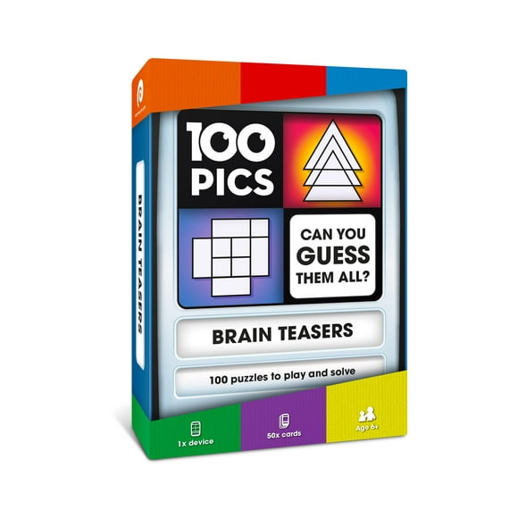 100 PICS Brain Teasers Travel Game - Solve 100 Puzzles Flash Cards with Slide Reveal Case Card Game, Gift, Stocking Stuffer Hours of Fun for Kids and Adults Age 6+