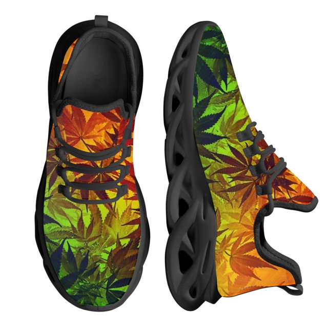 Zapatillas de plataforma con estampado 3D de hojas de marihuana para mujer, zapatos de malla transpirables con cordones, nuevo estilo