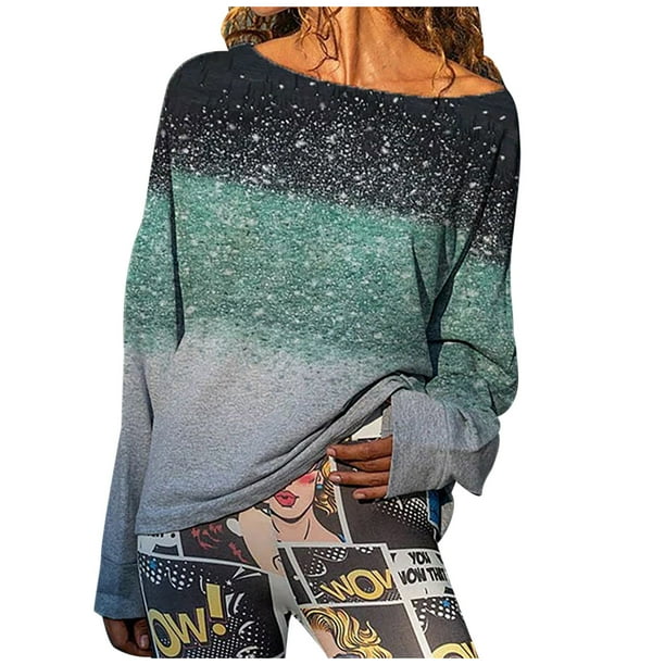 Blusa de camiseta con estampado degradado de cuello redondo de manga larga suelta divertida vintage para mujer Pompotops gfhjh8248