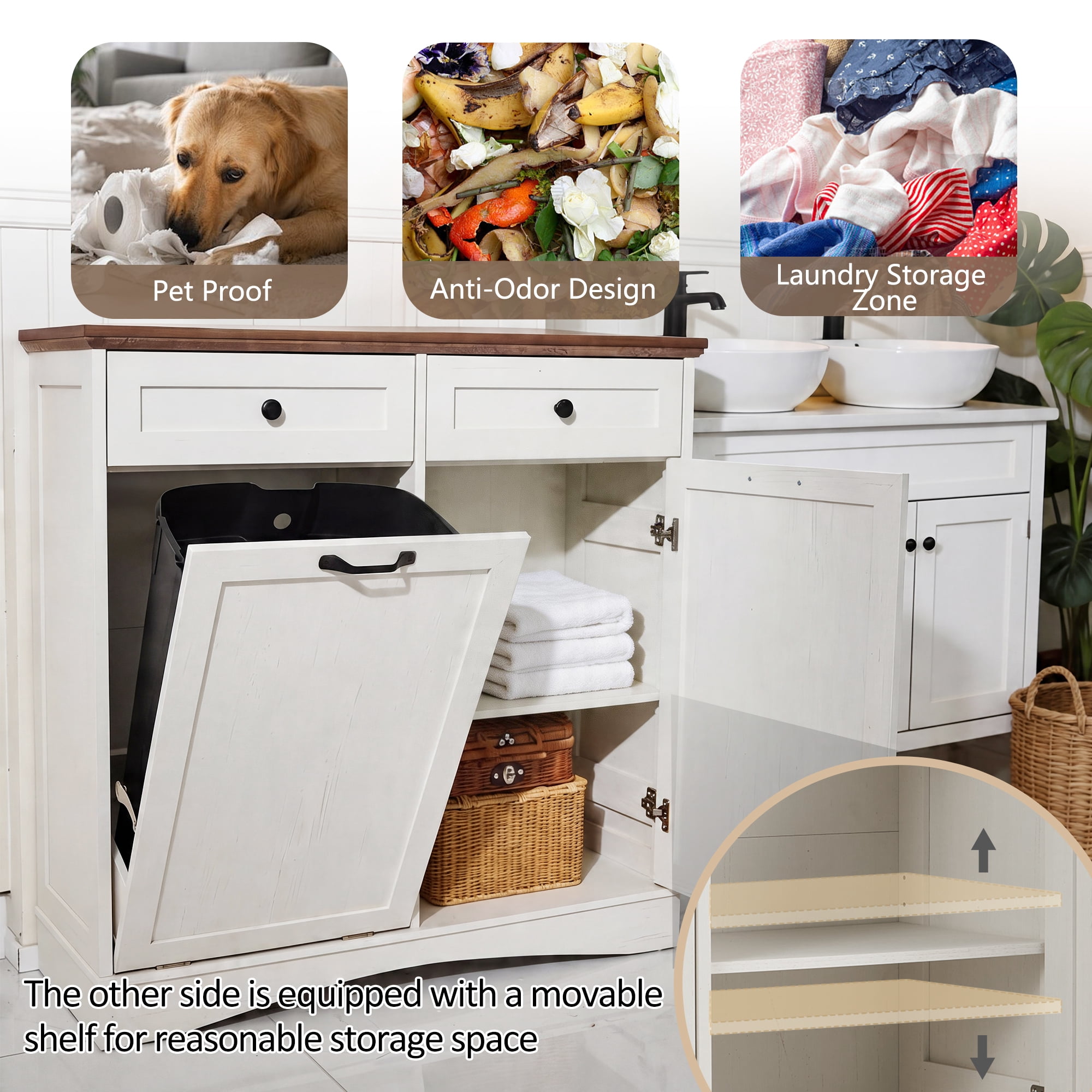 AHB 13 Gallon Single Tilt Out Trash Cabinet with Shelf, Kitchen Trash Can Storage Organizer, 39.4"L x 14"W x 38.3"H, White