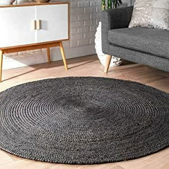 Ripaz Vogue Round Jute Rug Black Dye Hand Braided Farmhouse Jute Area Rug (2x2 Feet Round)