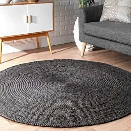 Ripaz Vogue Round Jute Rug Black Dye Hand Braided Farmhouse Jute Area Rug (5x5 Feet Round)