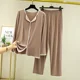 thumbnail image 3 of Conjunto de pijama fino holgado de talla grande para mujer, Top informal adelgazante versátil de estilo coreano, Modal de manga larga para primavera y otoño, 3 of 5