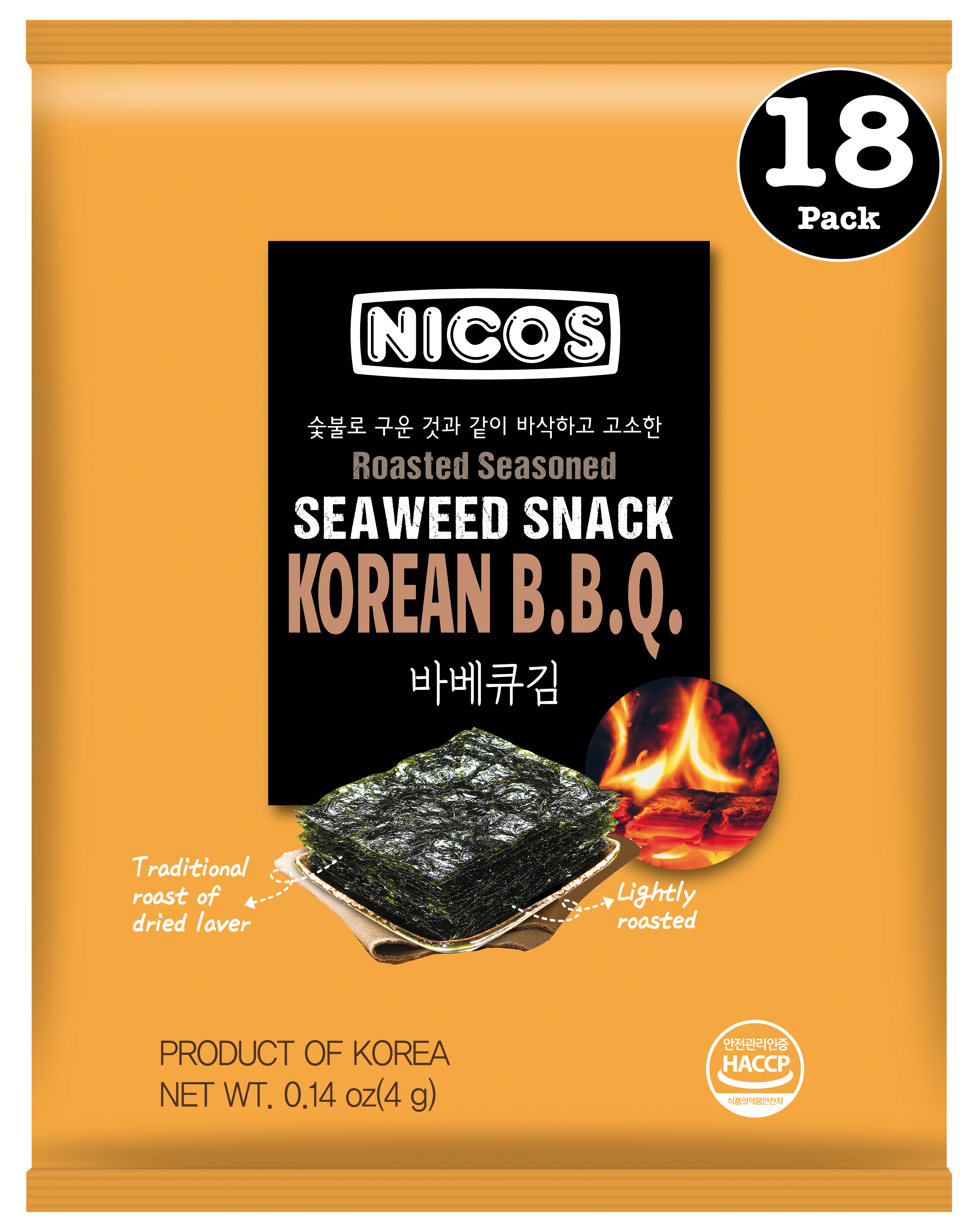 NICOS Roasted Seasoned Seaweed Snack TOGO Korean BBQ 0.14oz (Pack of