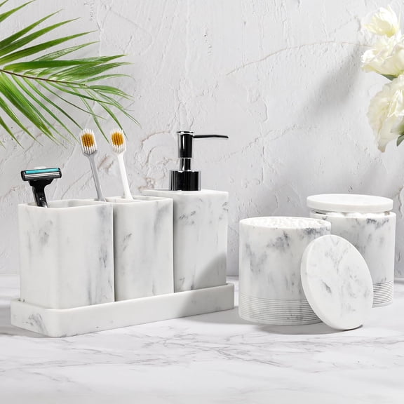 6-Piece White Artificial Marble Bathroom Set - Soap Dispenser, Toothbrush Holder, Vanity Tray & Cotton Swab Jars