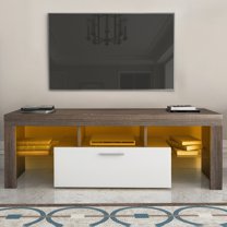 LED TV Stand for 55 inch TVs, PAPROOS Entertainment Center with RGB LED Light & Storage Shelf, Modern High Gloss TV Cabinet Media Console for Living Room, Brown & White