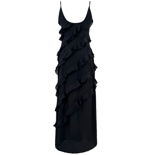 LEAVINGSUO Sleeveless Dresses for Women Casual Summer Women's Chiffon Long  Dress Sexy Hanging Strap Open Back Split Ruffle Dress