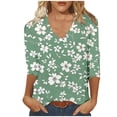 thumbnail image 2 of Sakmal Fashion Tops for Women Green 3/4 Sleeve Floral V-Neck T-Shirts Shirts, 2 of 5