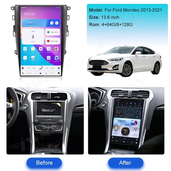 ZWNAV 13.6 inch Android 13 Car Radio for Ford Mondeo 2013-2021 Stereo Replacement Tesla Style Multimedia Player Head Unit IPS Screen GPS Navigation
