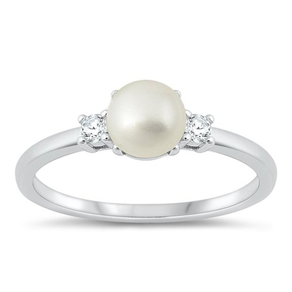 White Cubic Zirconia Simulated Pearl Engagement Ring .925 Sterling Silver Band Jewelry Female Size 7
