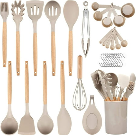 

LQQBOX Silicone Kitchen Utensils Set 24 Pcs Non-Stick Cooking Utensils Set Sturdy Insulation Wooden Handle Kitchen Accessories for Cooking with Spatula Set and Spoons Set Gadgets (Khaki)