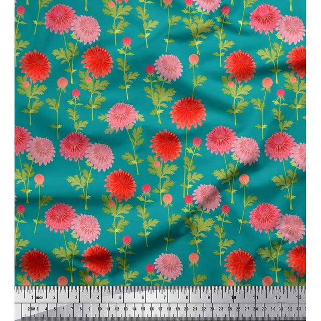 Soimoi Polyester Crepe Fabric Leaves & Chrysanthemum Floral Print Sewing Fabric Yard 52 Inch Wide