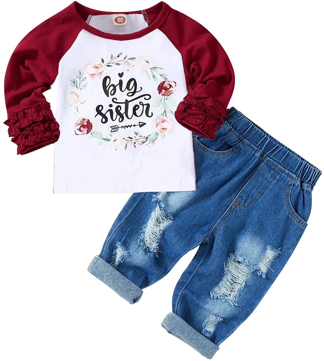 Babibeauty Baby Girl Big Sister Floral Ruffle Long Sleeve Shirt Top+Elastic  Waist Denim Pants Ripped Jeans 2Pcs Outfit Clothes Set (Purple,4-5T)