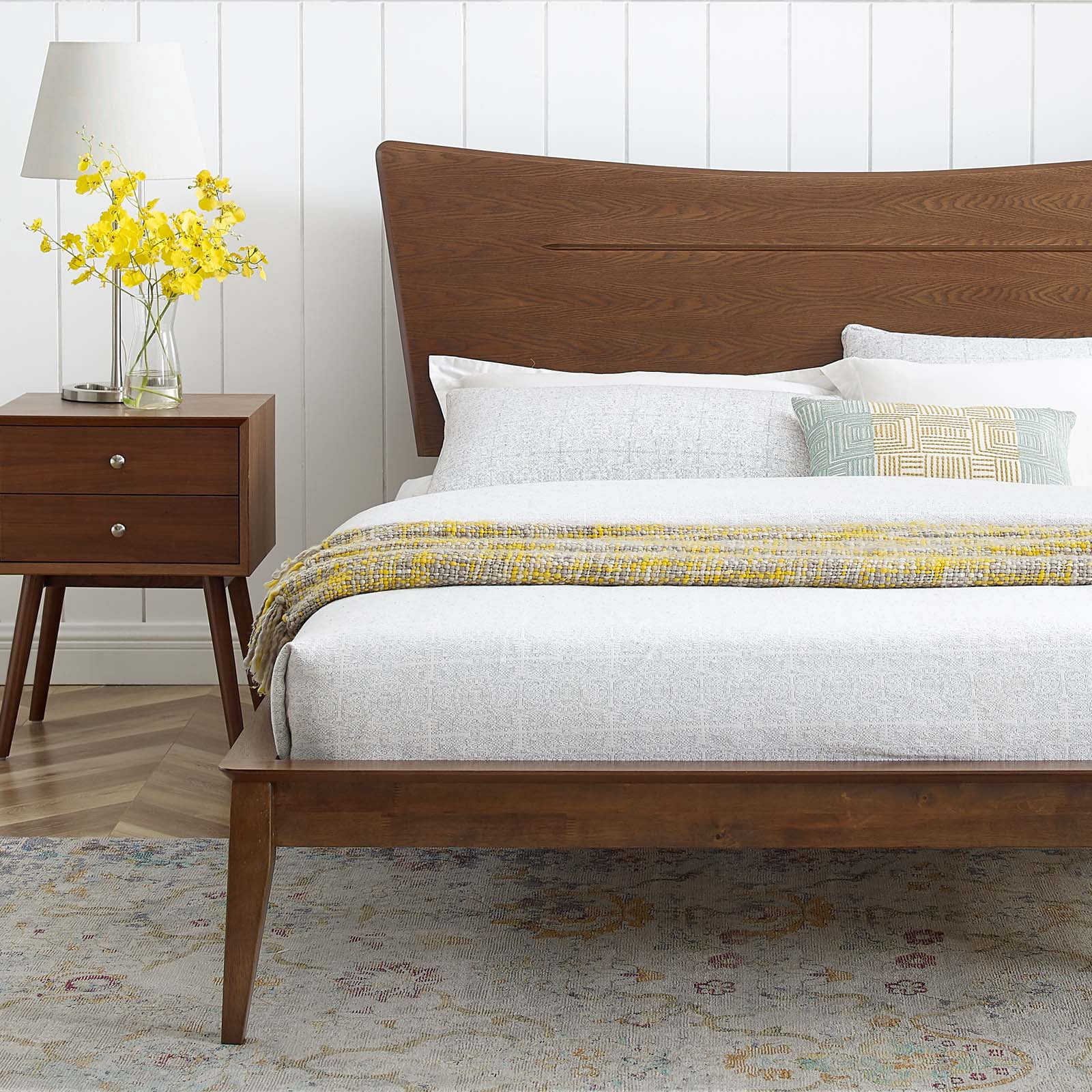 Platform Bed Frame, King Size, Wood, Brown Walnut, Modern Contemporary Urban Design, Bedroom Master Guest Suite