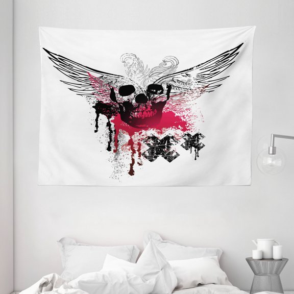 Skull Tapestry, Grunge Wings and Skull with Cross Signs and Color Stains Punk Style Artwork, Wall Hanging for Bedroom Living Room Dorm Decor, 80W X 60L Inches, Black Pink White , by Ambesonne