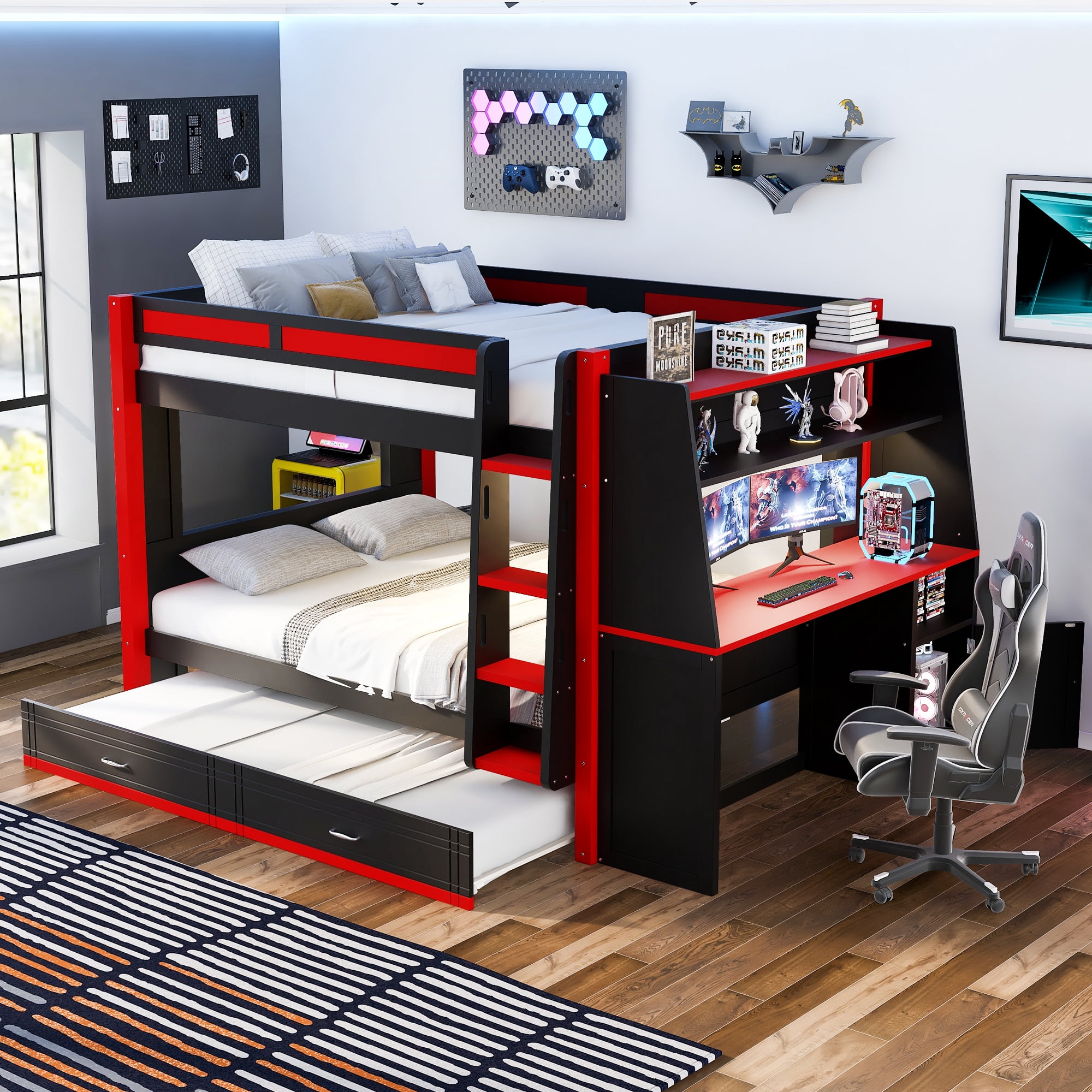Euroco Wood Full over Full Bunk Bed with Desk and Shelves, Gaming Bed with Trundle and LED Lights, Red & Black
