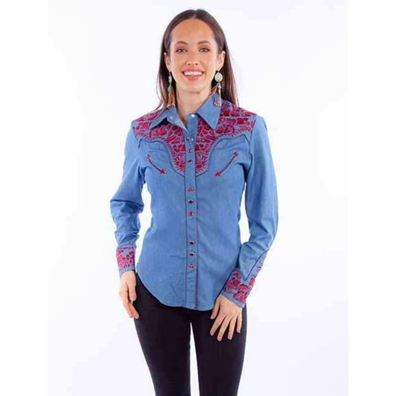 Scully Western Shirt Women L/S Snap Floral XS Blue Cranberry F0_PL-654