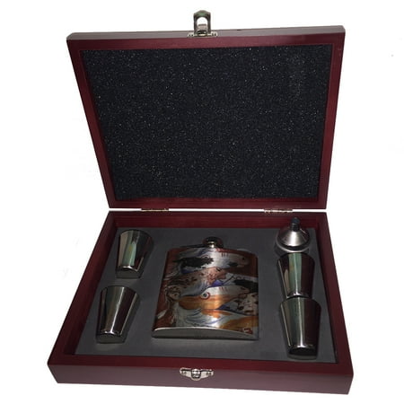 - KuzmarK 6 oz. Stainless Steel Flask Set in Rose Wood Presentation Box - Pinto and Appaloosa Indian War Ponies Horse Art by Denise Every