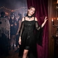 thumbnail image 5 of High Low Hem Fantasy Dress, Off Shoulder Gothic Witch High Low Dress, Flared Bell Sleeve Lace Up Renaissance Medieval Costume Dress for Halloween Cosplay Party, Black M, 5 of 6