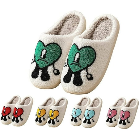 

Lankey Women Slippers Bad Bunny Slippers Retro Soft Plush Lightweight Home Slippers Cartoon Embroidery Love Pattern Couple Slipper with Anti-skid Sole Indoor Outdoor Cozy Trendy Slip-on Slipper