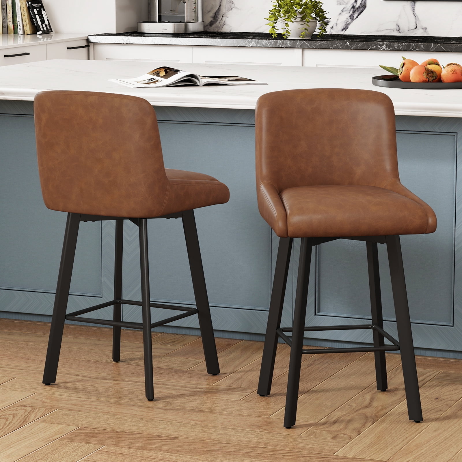 MultiHaven 26.1" Swivel Bar Stools Set of 2, Square Back & Metal Legs, PU Leather Counter Height Chairs for Kitchen, Bar, Cafe - Brown