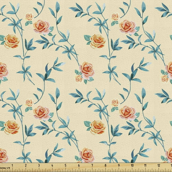 Floral Upholstery Fabric by the Yard, Repeating Watercolor Style Rose Flower on Creme Tone Backdrop Illustration, Decorative Fabric for DIY and Home Accents, Champagne Multicolor by Ambesonne
