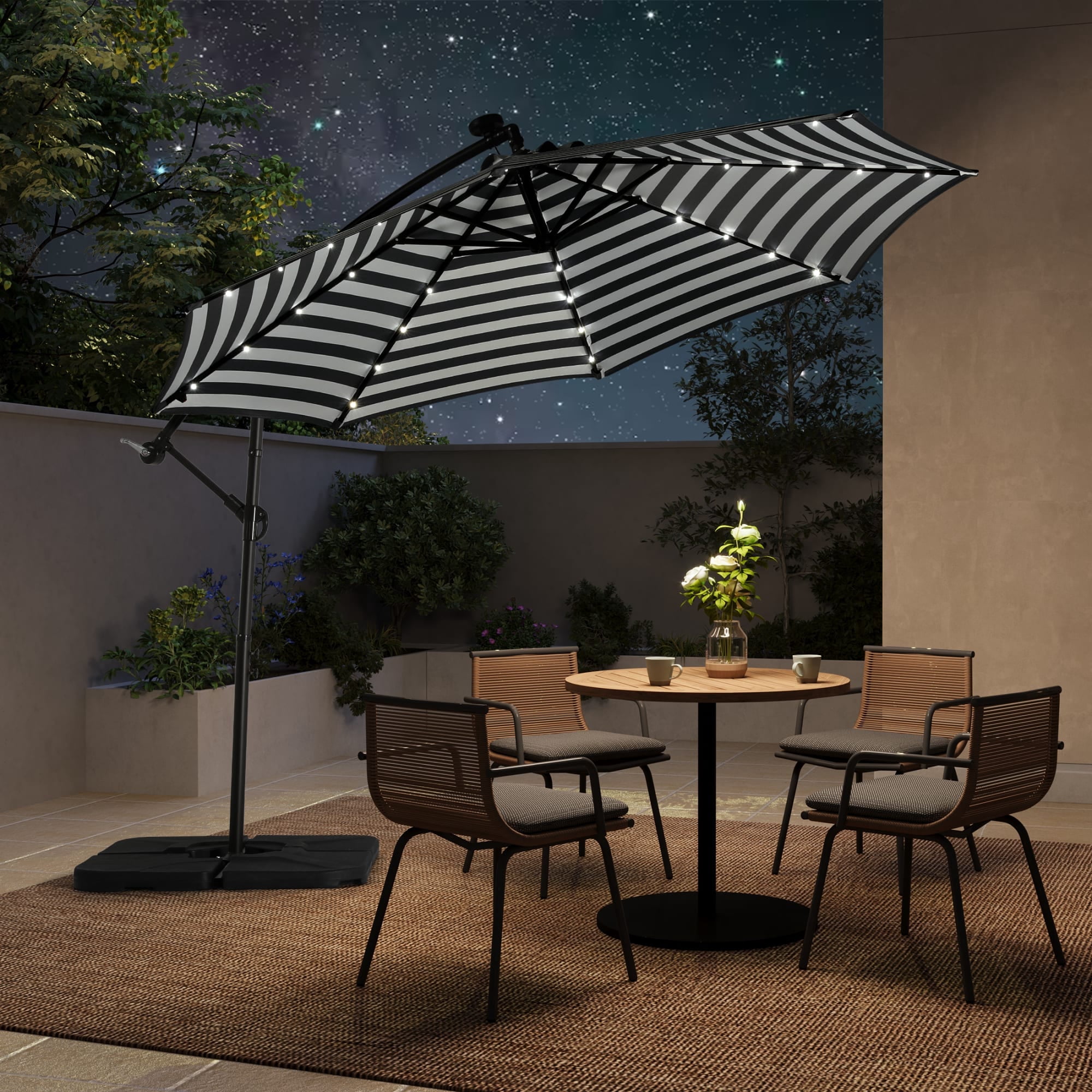 WestinTrends Albert 10 Ft Offset Patio Umbrella, Solar Powered 32 LED Light Outdoor Pool Hanging Cantilever Umbrella with Infinite Tilt and Crank Lift, Black/White